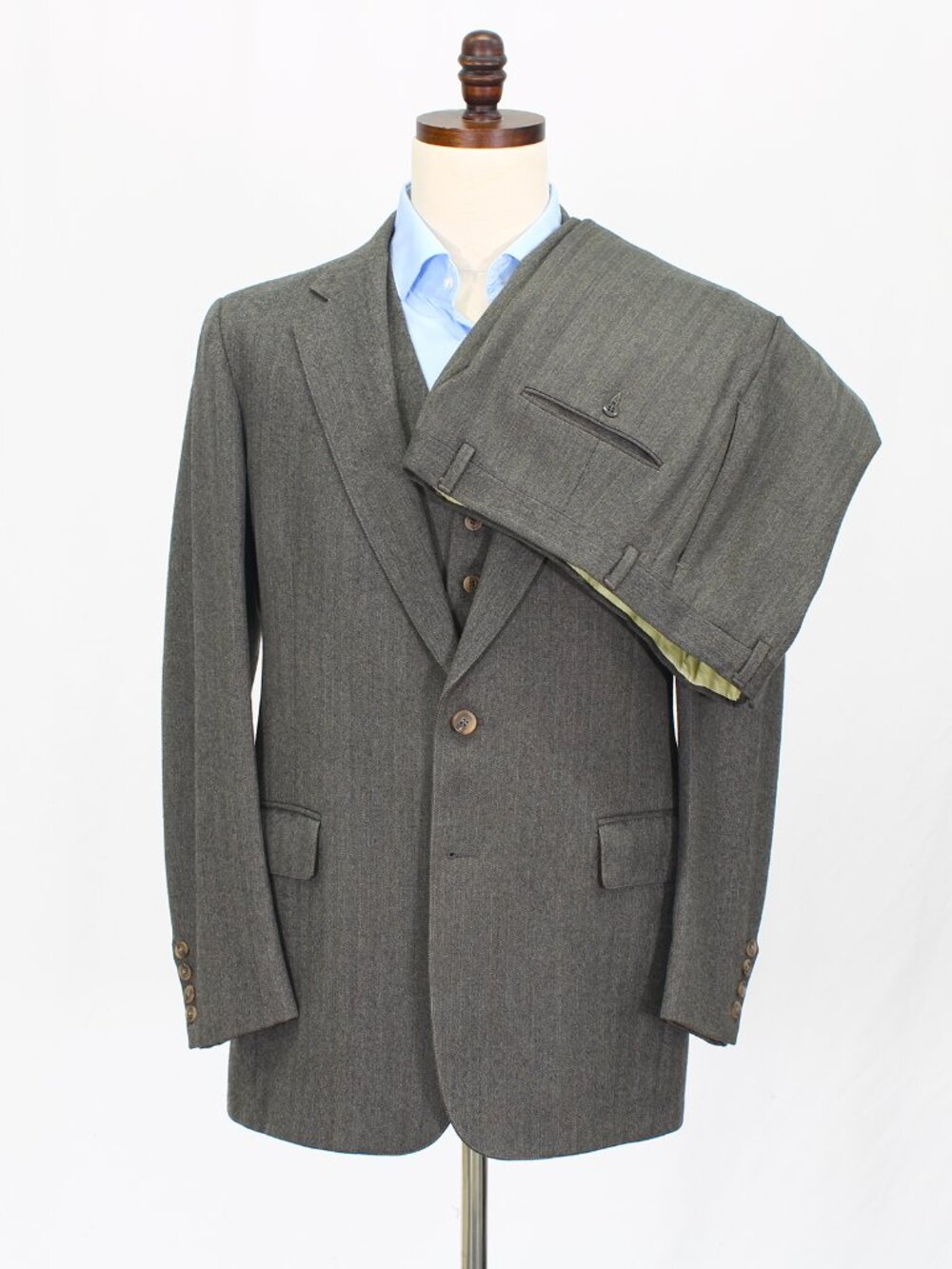 Vintage 1980s 41L 33x33 Brown Full Suit 2-Button Herringbone R744